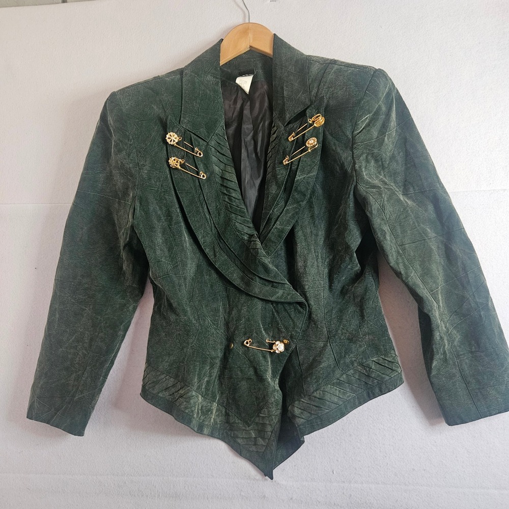 Vintage IIF Green Rayon Blazer Jacket Gold Safety Pin Rhinestone Accents Sz 12